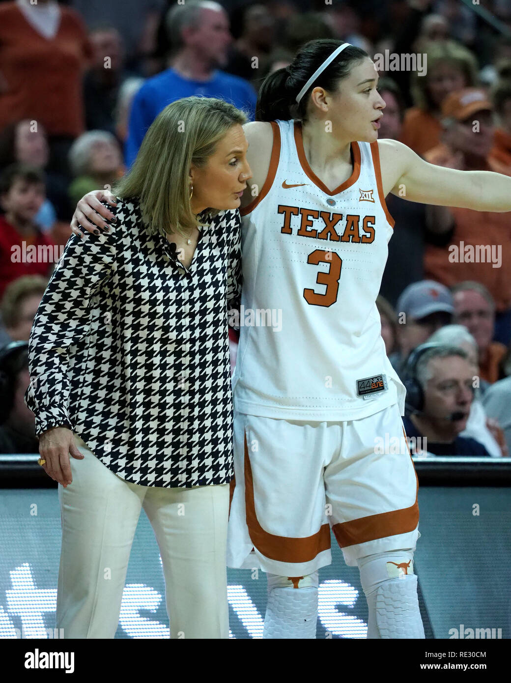 Jan 19, 2019. Head coach Karen Aston and Danni Williams #3 of the Texas Longhorns in action vs the TCU Horned Frogs at the Frank Erwin Center in Austin Texas.Robert Backman/Cal Sport Media. Stock Photo