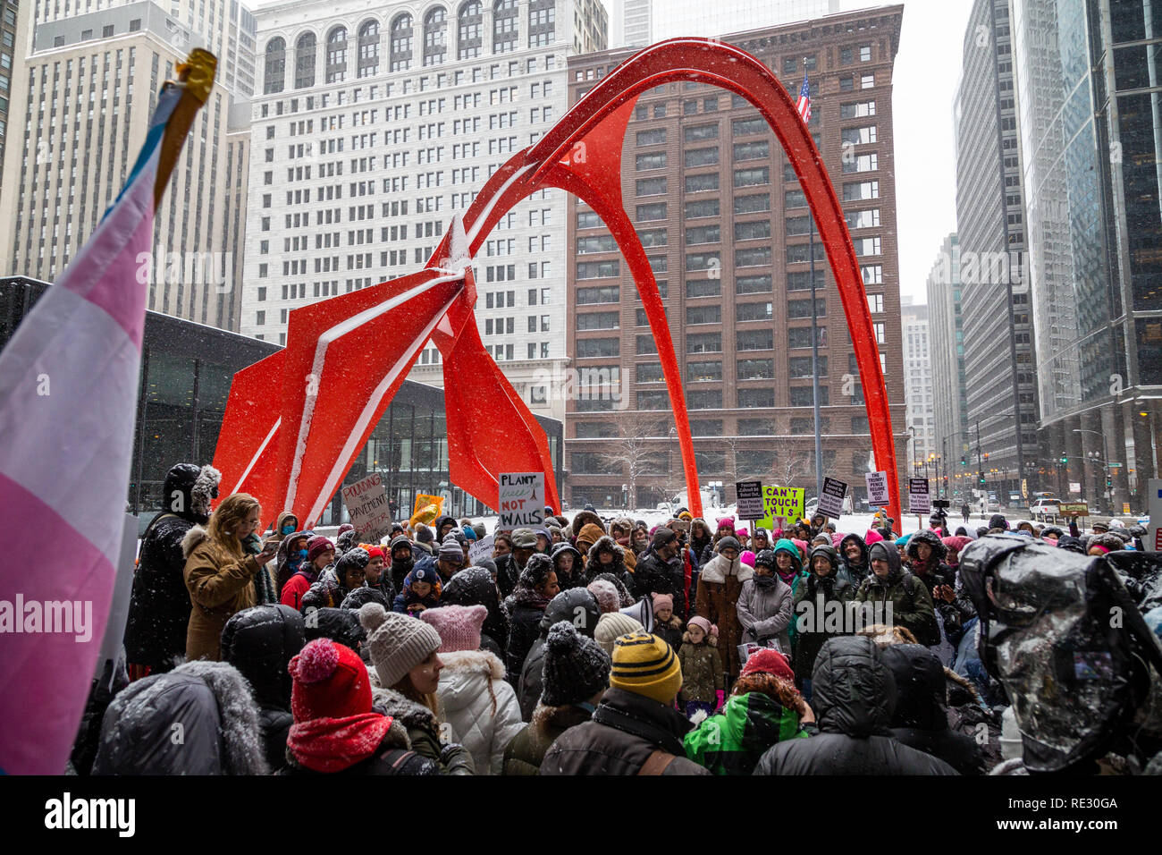 Chicago, USA. 19th Jan 2019. In the face of a fierce winter snowstorm, Chicago’s “Young Women’s March” brought a small but spirited crowd to Federal Plaza on January 19th to proclaim the power of women and display their rejection of President Donald Trump and his policies. Assembling at 10 am on a snowy Saturday, the group made impassioned speeches about issues facing young women today, and then marched around the plaza carrying mostly homemade signs and chanting resistance to the current administration. Credit: Matthew Kaplan/Alamy Live News Stock Photo