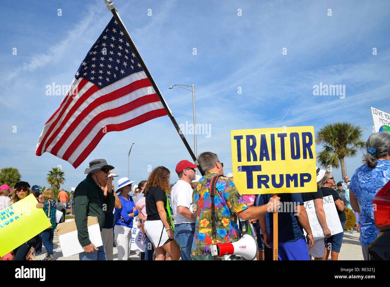 Melbourne, Florida. USA. January 19, 2019. Hundreds of banner waving demonstrators marched across the Eau Gallie Causeway in the 2019 Woman’s March, who’s 2019 mission is “Truth to Power. Holding our Politicians accountable” Marches have been held though out America this weekend.  The Women’s March is a national movement to unify and empower everyone who stands for human rights, civil liberties, and social justice for all. Photo Credit Julian Leek / Alamy Live News Stock Photo