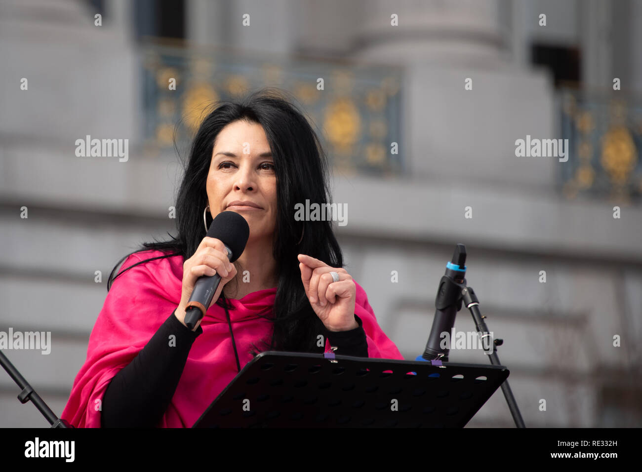 San Francisco, USA. 19th January, 2019. The Women's March San Francisco begins with a rally at Civic Center Plaza. Gilda Gonzales, CEO of Planned Parenthood NorCal (Northern California) addresses the audience. Credit: Shelly Rivoli/Alamy Live News Stock Photo