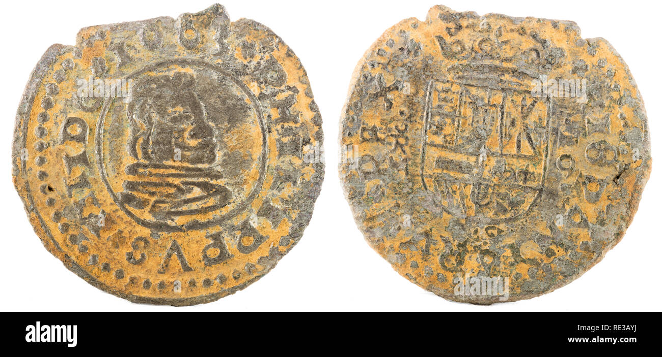 Ancient Spanish copper coin of King Felipe IV. 1663. Coined in Trujillo
