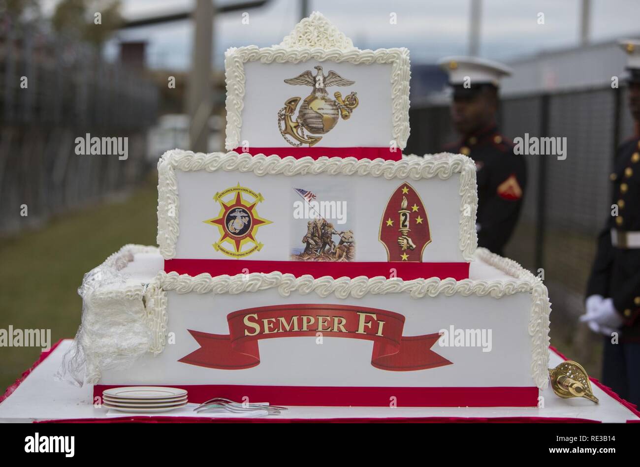 A ceremonial birthday cake is put on display during the Joint Daytime Ceremony on Harry B. Liversedge field, Camp Lejeune, N.C. Nov. 9, 2016. The ceremony is held every year in honor