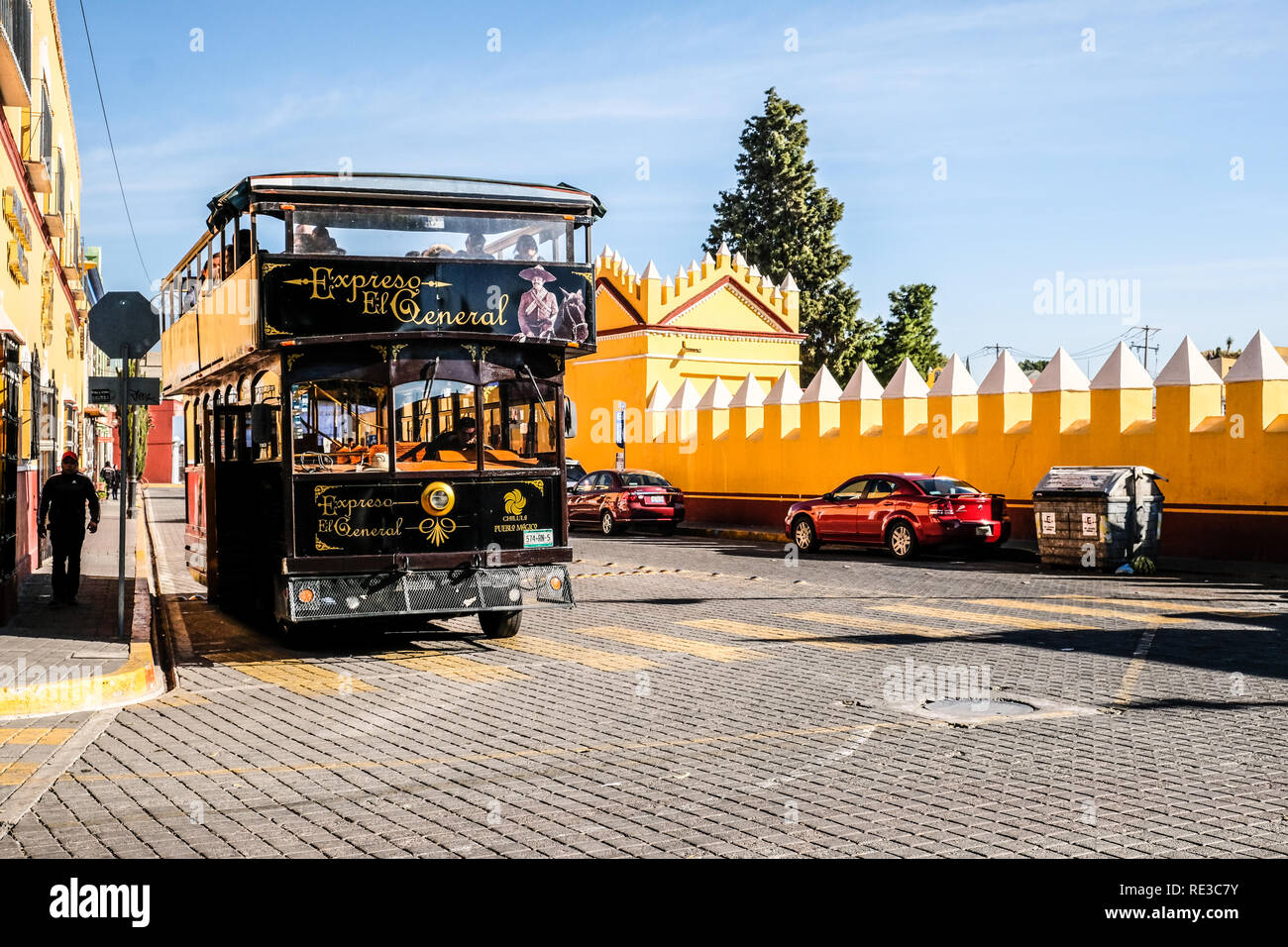 An open air double deck tour bus at Cholula Puebla, Mexico Stock Photo