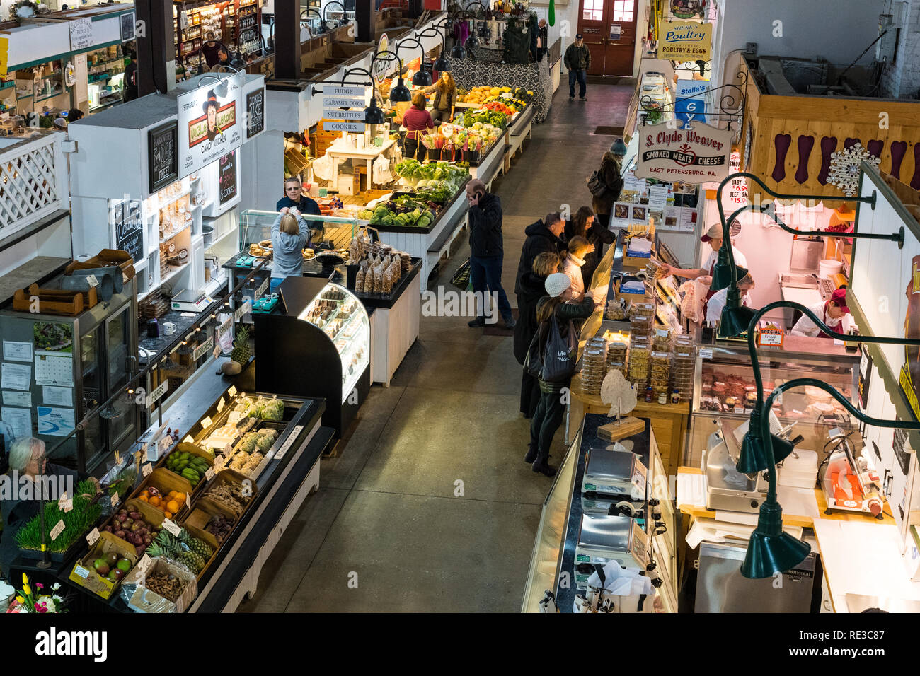 Lancaster, PA, USA - January 18, 2019: A variety of fresh food and unique merchandise at the Central Market in downtown Lancaster City are on sale at  Stock Photo