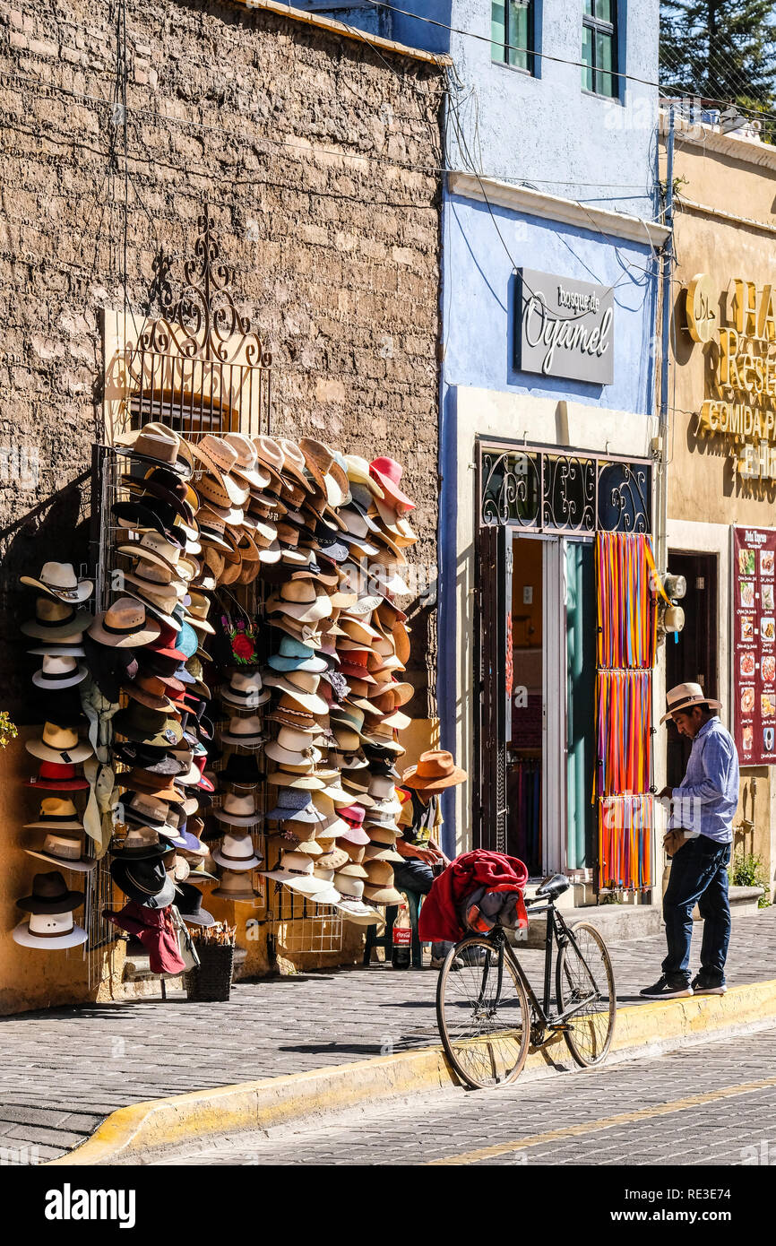 Hats on wall in a hat shop at Cholula, Mexico Stock Photo