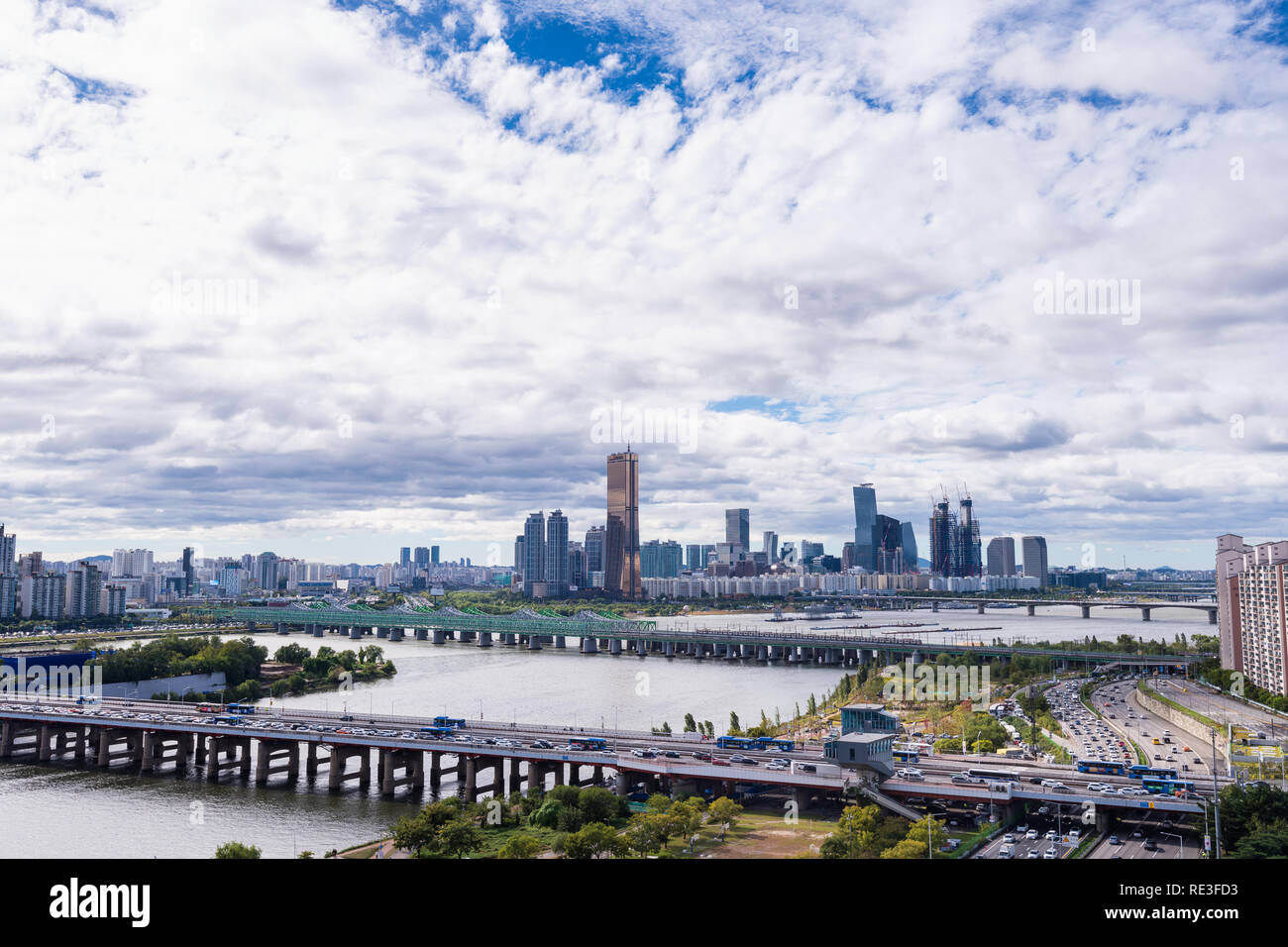 Aerial view of Seoul city with cloudy sky. Stock Photo