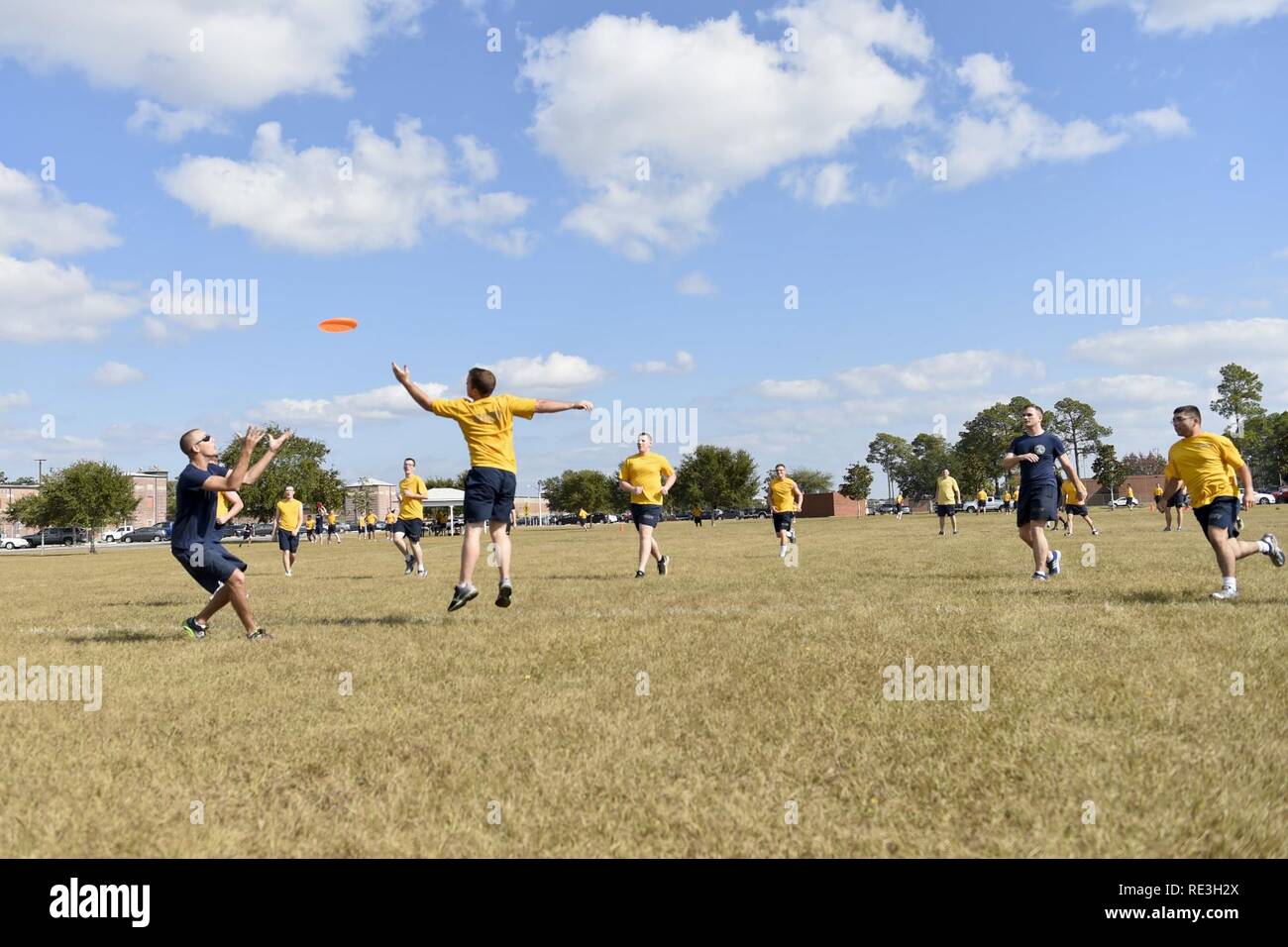 ENSACOLA, Fla. (Nov. 18, 2016) Sailors at Information Warfare Training Command (IWTC) Corry Station play ultimate Frisbee during the command's 'Warrior Day' event. Warrior Day is a series of athletic competitions aimed at promoting resiliency, teamwork and physical fitness among IWTC Corry Station students. Stock Photo