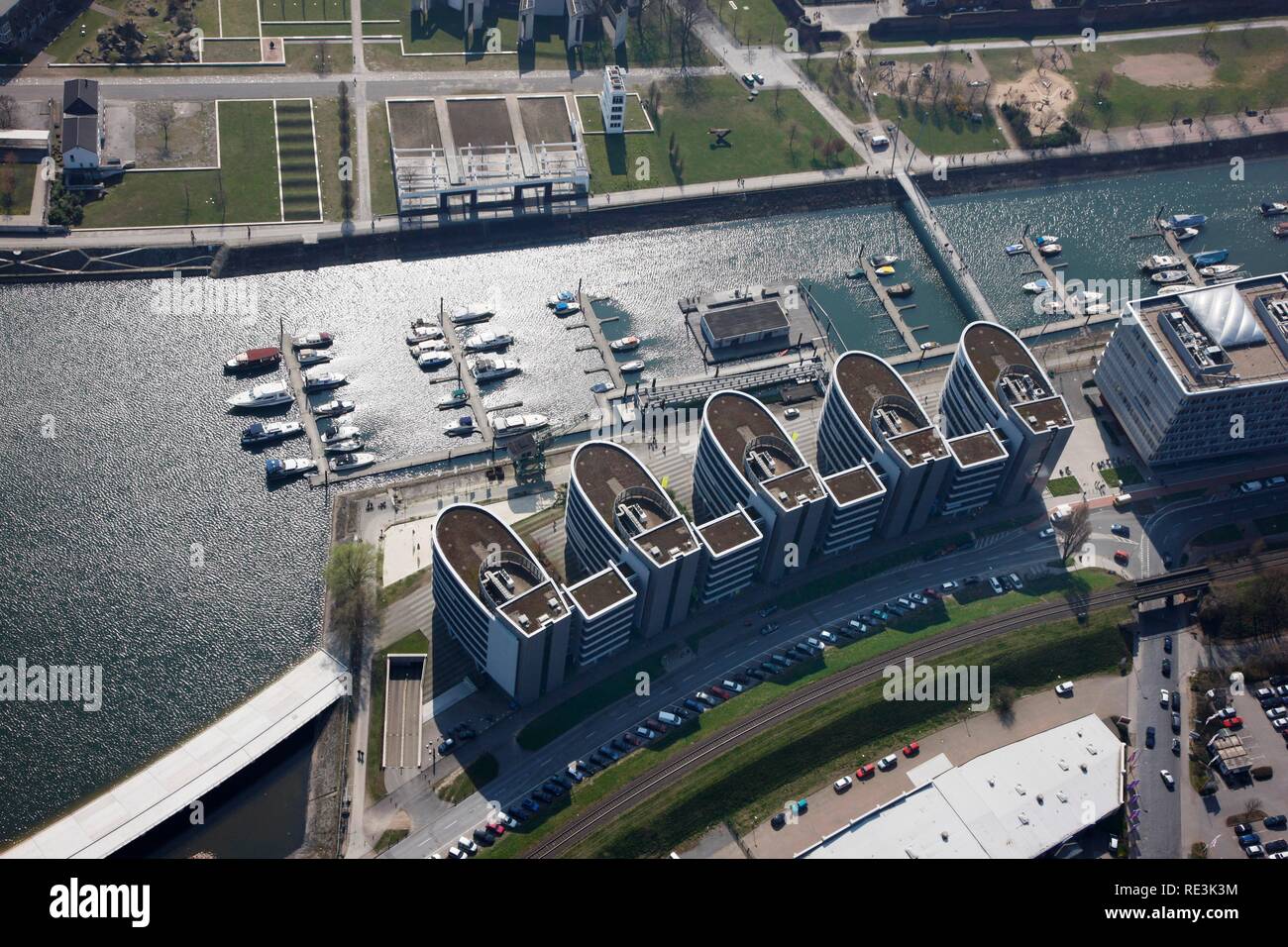 Innenhafen Duisburg inner harbor, new use of old docks, Five-Boats-Building, Marina, Duisburg, North Rhine-Westphalia Stock Photo