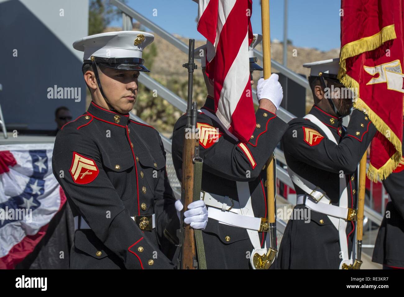 The Headquarters Battalion Color Guard presents the national and Marine