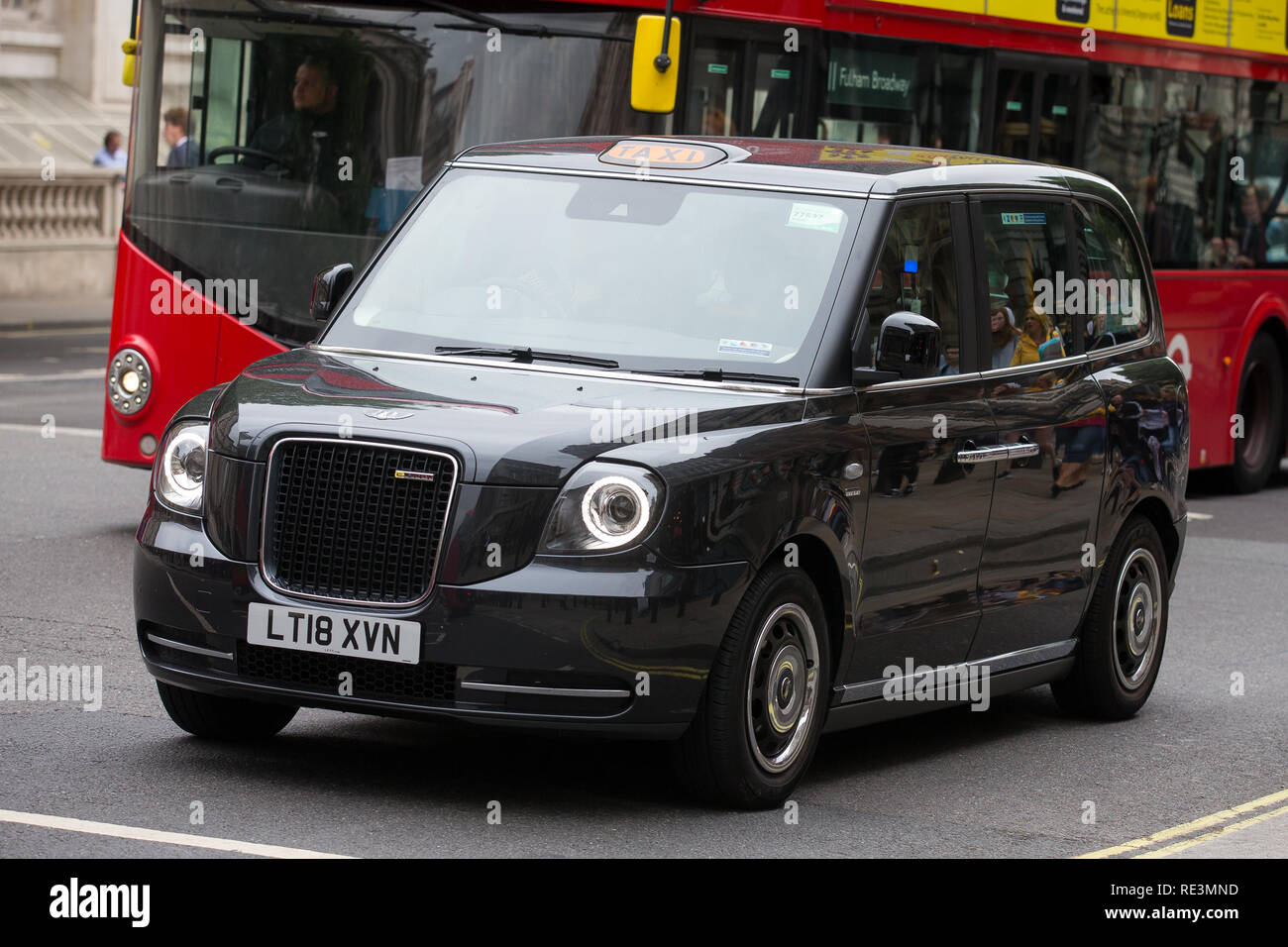 An emissions free LEVC (London EV Company) TX eCity electric Black cab Taxi car. Costing from £55,599 it has a range of 80 miles on electricity alone, Stock Photo