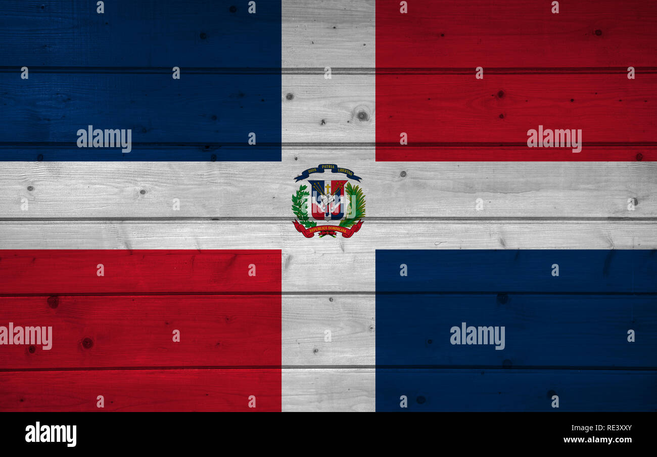 Flag of Dominican Republic on wooden background, surface. Wooden wall, planks. National flag Stock Photo