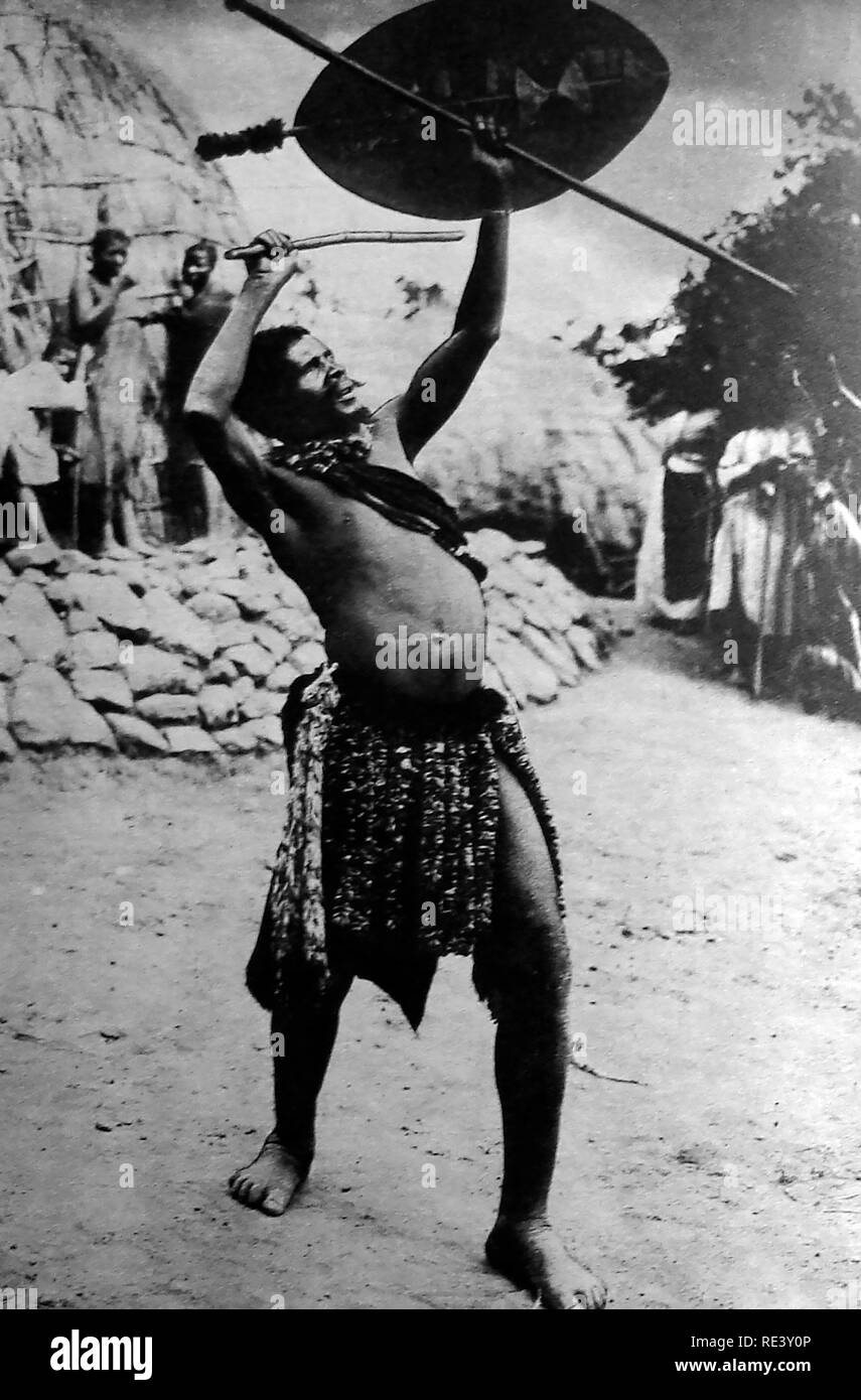 A 1934 photograph of a Zulu tribesman performing a rain dance Stock Photo