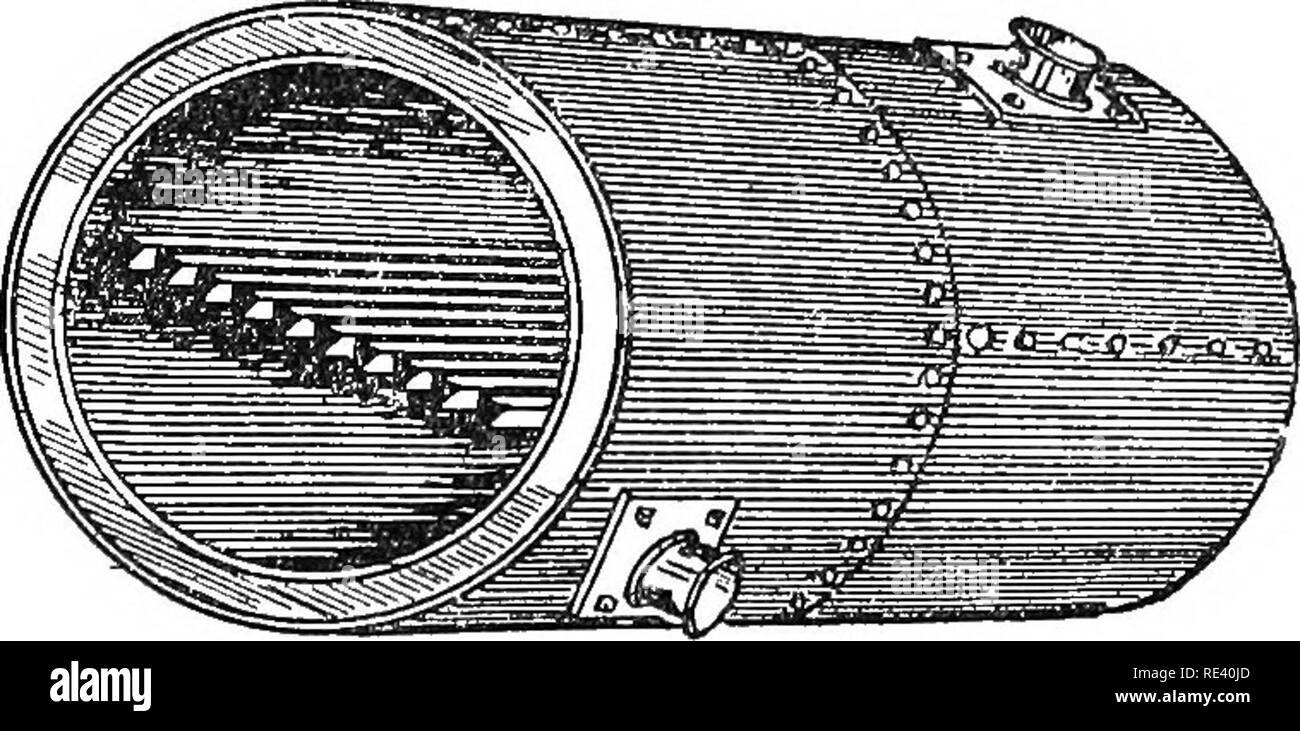 . The fruit garden. Fruit-culture; Fruit trees. Fig. -Ordinary Plain Saddle Boiler Fig. 12.- -The Terminal Saddle Boiler The hot-water saddle boiler may be said to represent the upper portion of the cylindrical boiler, and made of ample size is most suitable for horticultural work. Fig. 11 shows the ordinary plain saddle, very suitable, when favourably placed, for 600 or 800 feet of 4 inch pipes. When the apparatus is from 800 to 2000 feet the terminal saddle. Fig. 12, should be used, because it occupies less space than the length of the plain saddle would require. For still larger apparatus u Stock Photo