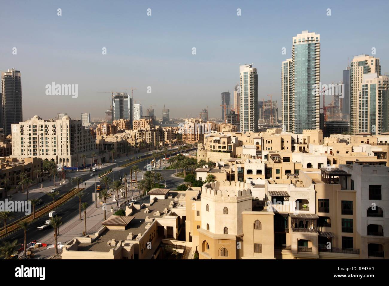 Apartments in Oldtown Dubai and skyscrapers in Downtown Dubai, United