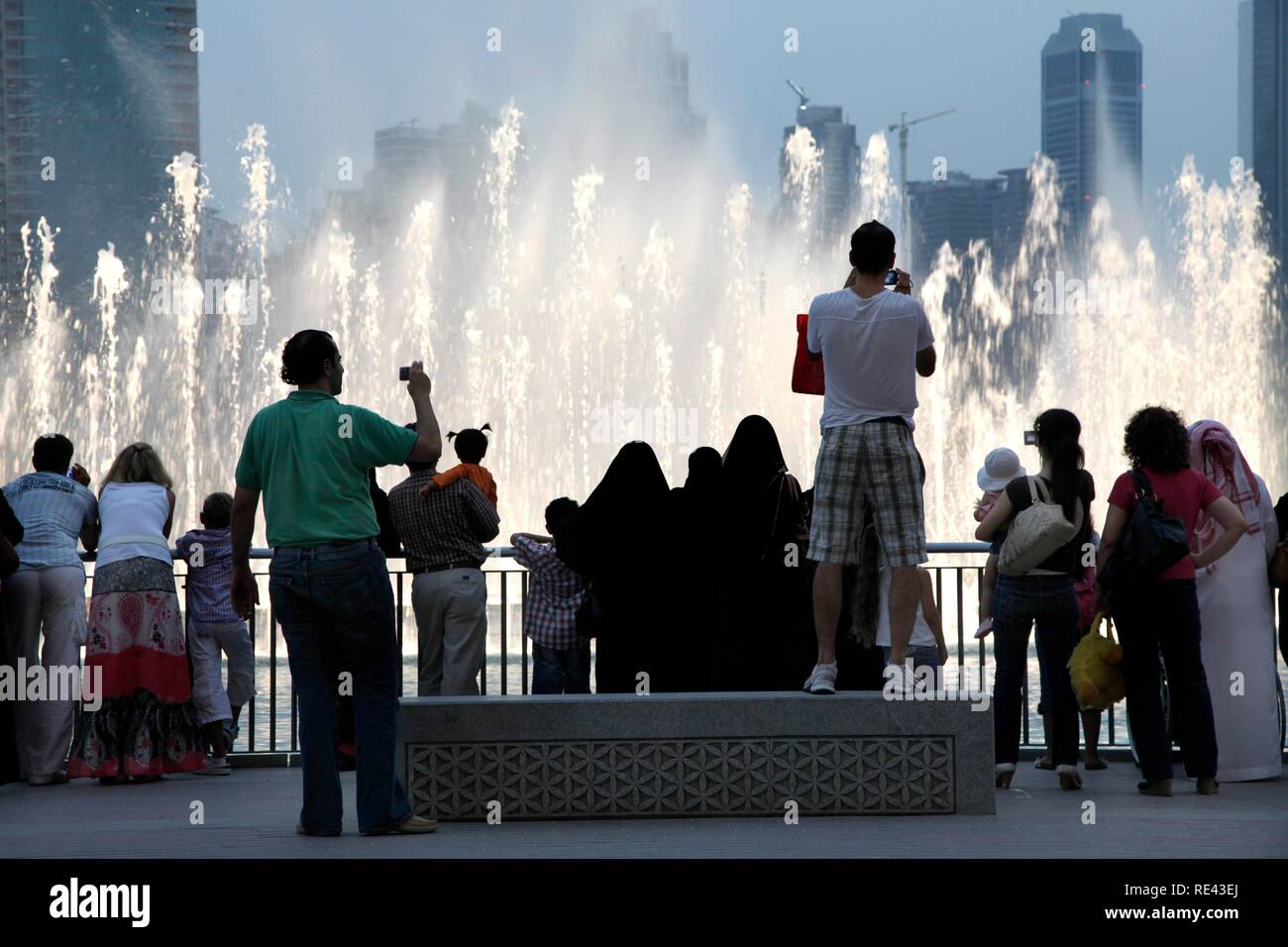 Fountain at Lake Dubai, world's largest fountain, evening show, in