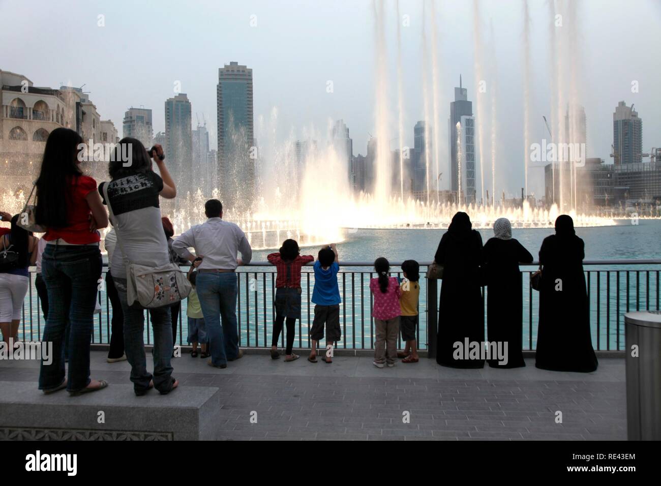 Fountain at Lake Dubai, world's largest fountain, evening show, in