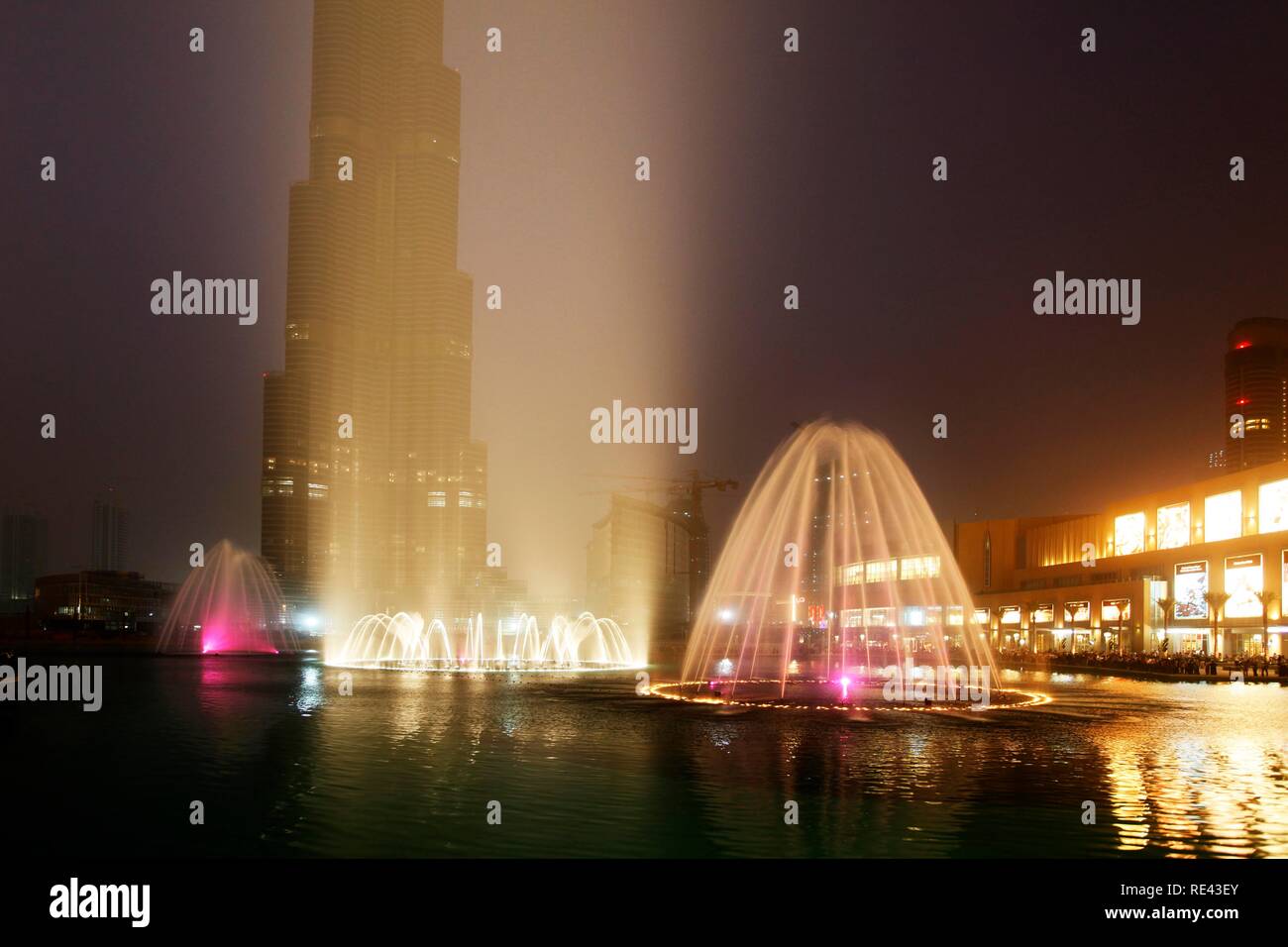 Fountain at the Lake Dubai, the world's largest fountain, evening show, Downtown Dubai, United