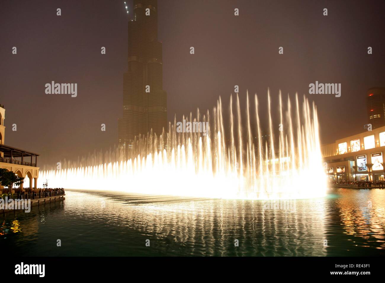 Fountain at the Lake Dubai, the world's largest fountain, evening show, Downtown Dubai, United