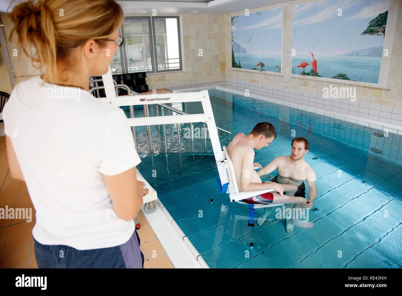 Transport lift for individual therapy in a heated pool, physical therapy in a neurological rehabilitation centre, Bonn Stock Photo