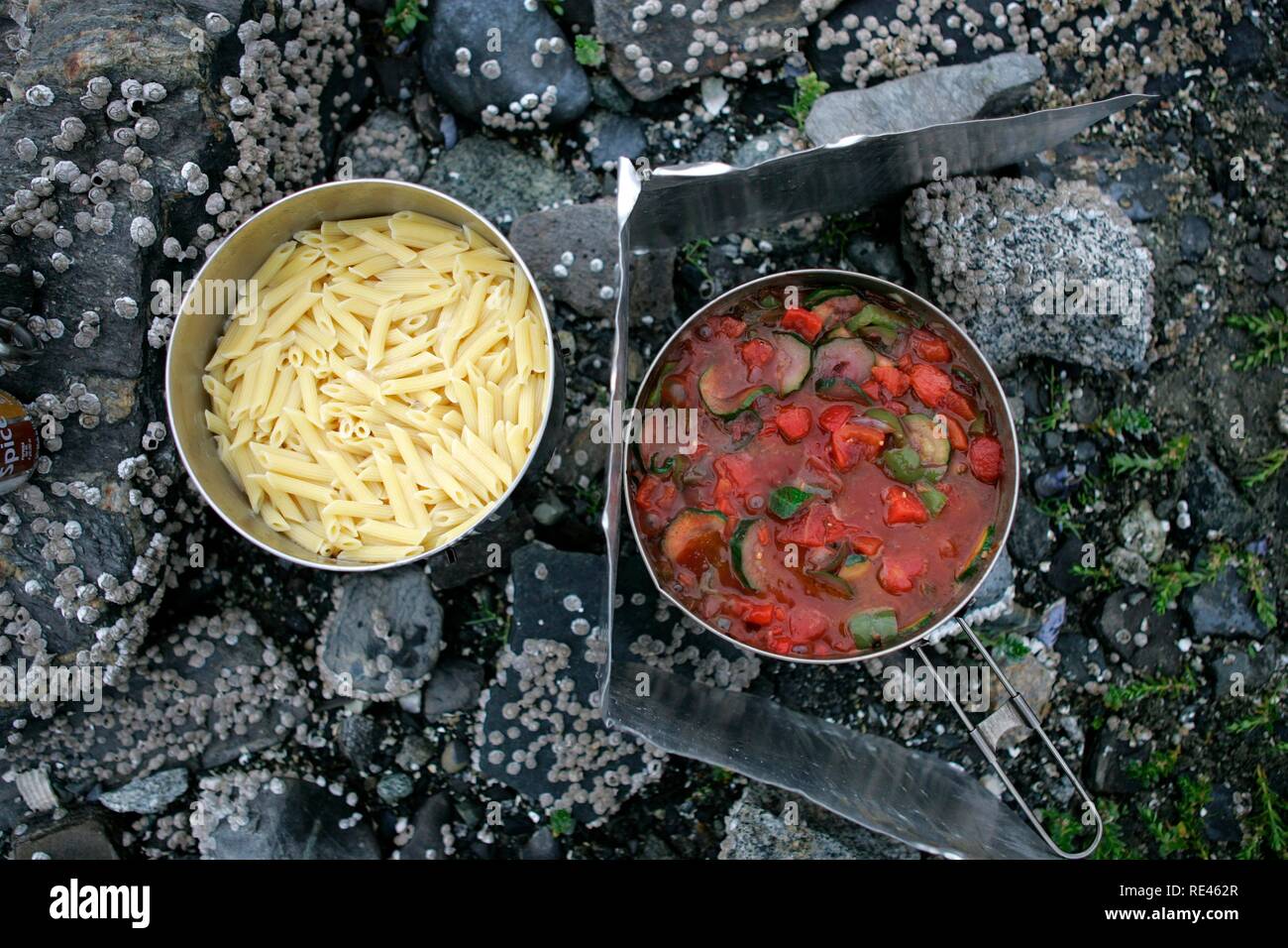 Cooking on a gas cooker, pasta and vegetable stew, Glacier Bay National