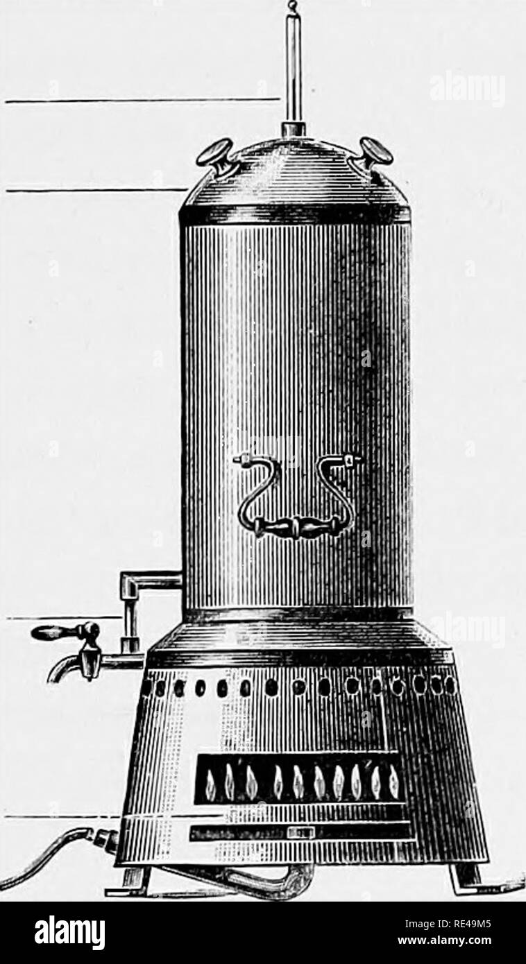 . Manual of bacteriology for practitioners and students, with especial references to practical methods. Bacteriology. STERILISATION BY STEAM 17 space between the two is about half filled with water, the height of which is observed by a gauge-tube at the side {Koch's Steam Steriliser). The articles to be sterilised are placed in a tin vessel provided with a lid, and the bottom of which is also grated, and are left in the steriliser for from half an hour to an hour (from the moment when an abundance of steam is given off), which suf&amp;ces for complete sterilisation. Thermometer Water-gauge Hiu Stock Photo