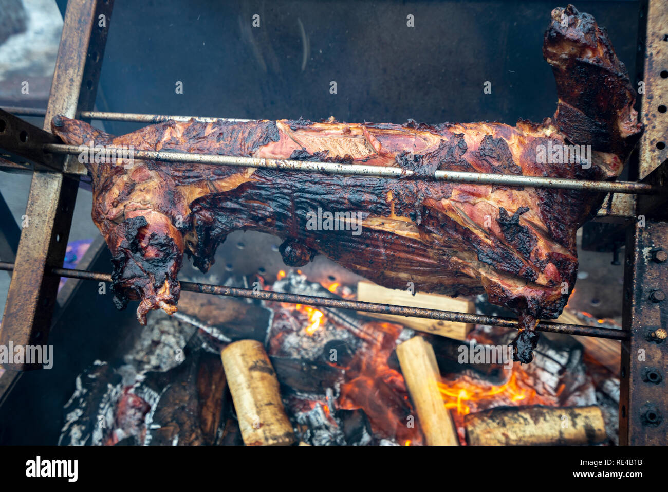 lamb roasted on a spit, a city holiday Stock Photo