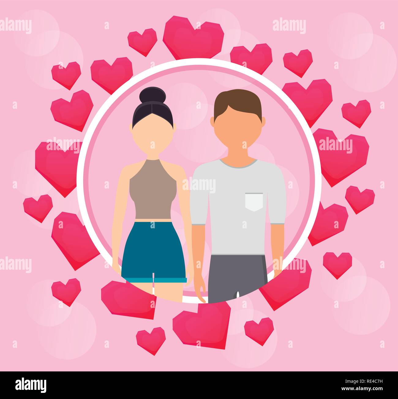 lovers couple with hearts love circular frame vector illustration ...