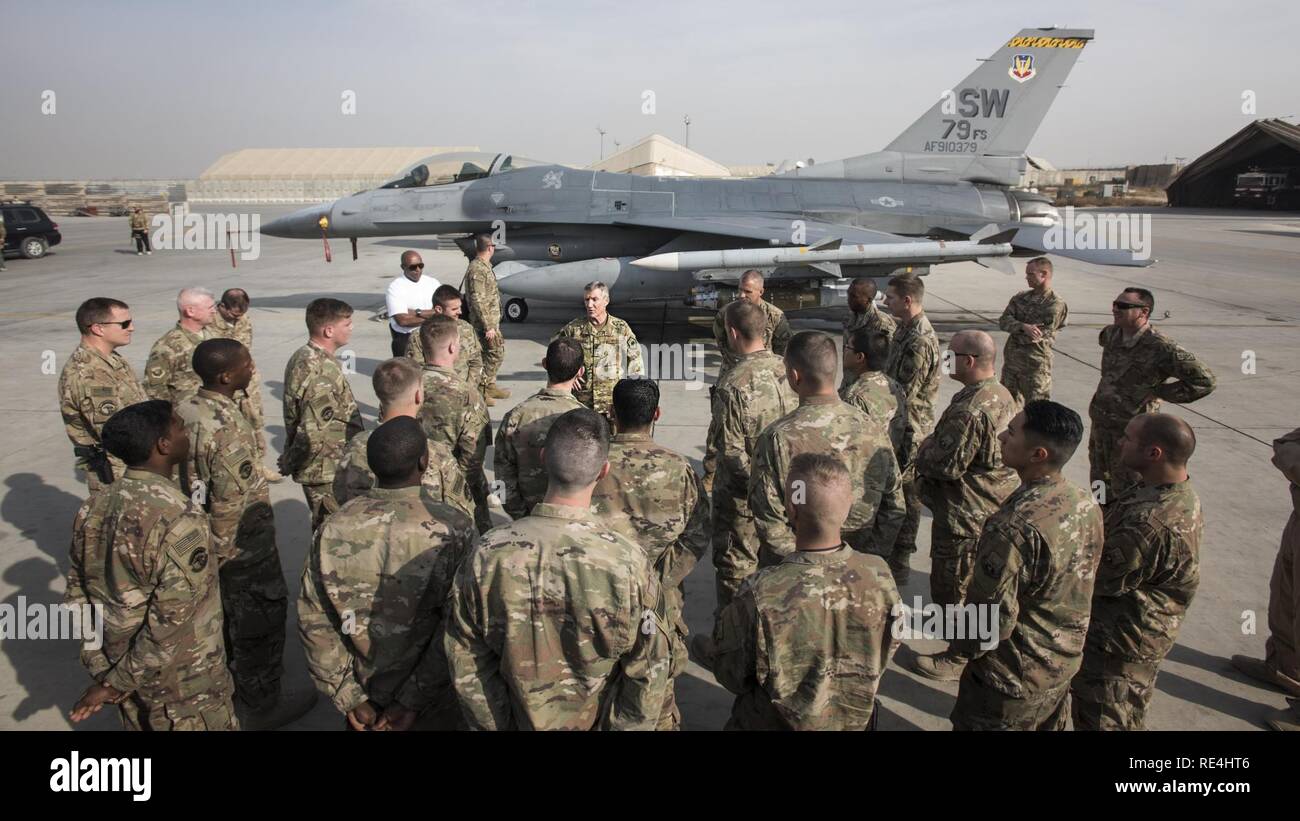 Gen. Hawk Carlisle, Air Combat Command commander, speaks to 455th Expeditionary Aircraft Maintenance Squadron members during a visit to Bagram Airfield, Afghanistan Nov. 20, 2016. In addition to the 455th EAMXS, Carlisle and ACC Command Chief Master Sgt. Steve K. McDonald also visited the 455th Expeditionary Security Forces Squadron, the Craig Joint Theater Hospital and the 83rd Expeditionary Rescue Squadron. Stock Photo