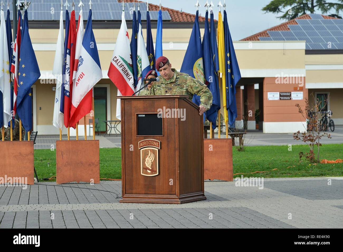 Lt. Col. Benjamin A. Bennett, commander of 54th Engineer Battalion, provides remarks during a change of responsibility ceremony at Caserma Del Din, Vicenza, Italy, Nov. 23, 2016. The 173rd Airborne Brigade based in Vicenza, Italy, is the Army Contingency Response Force in Europe, and is capable of projecting forces to conduct the full of range of military operations across the United State European, Central and Africa Commands areas of responsibility. Stock Photo