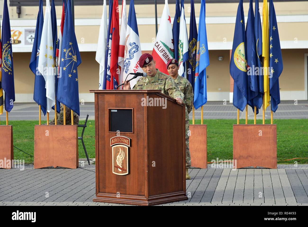 Incoming Command Sgt. Maj. Delfin J. Romani, 54th Brigade Engineer Battalion, gives a speech, Nov. 23, 2016, during a change of responsibility ceremony at Caserma Del Din in Vicenza, Italy.  The 173rd Airborne Brigade based in Vicenza, Italy, is the Army Contingency Response Force in Europe, and is capable of projecting forces to conduct the full of range of military operations across the United State European, Central and Africa Commands areas of responsibility. Stock Photo