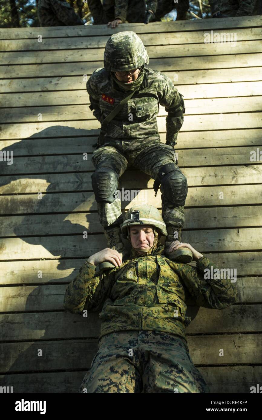 PFC Subin Kim lands on Cpl. Gregory Mitzkovitz’s shoulders to get across the obstacle during Korean Marine Exercise Program 17-1 Nov. 24, 2016 at the Leadership Reaction Course at Camp Mujuk, Republic of Korea.  KMEP is carried out in the spirit of the Republic of Korea-U.S. Mutual Defense Treaty signed between the two nations Oct. 1, 1953. Kim is a rifleman with 7th Battalion, 1st Marine Division, ROK Marine Corps. Mitzkovitz is a rifleman from Ocala, Florida and is assigned to 3rd Battalion, 2nd Marine Regiment, which is forward deployed from Camp Lejeune, North Carolina, to 3rd Marine Divis Stock Photo