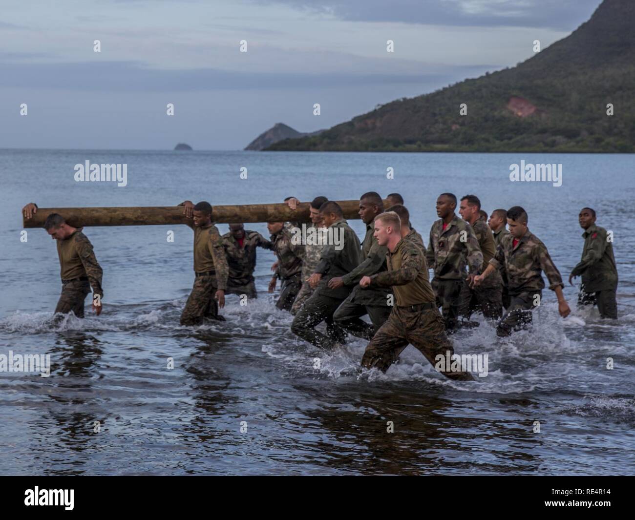 U.S. Marines with Combat Engineer Platoon, Task Force Koa Moana 16-4, integrated with the French army and the Republic of Fiji Military Forces to compete in the French army log challenge during Croix Du Sud in Plum, New Caledonia, Nov. 9, 2016. Croix Du Sud is a multi-national, humanitarian assistance disaster relief and non-combatant evacuation operation exercise conducted every two years to prepare nations in the event of a cyclone in the South Pacific. The Koa Moana exercise seeks to enhance senior military leader engagements between allied and partner nations in the Pacific with a collecti Stock Photo