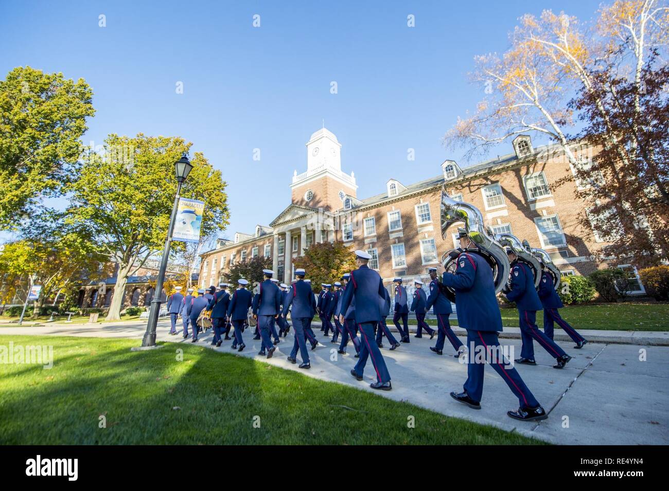 NEW LONDON, Conn - Members of the U.S. Coast Guard band march in formation during a photoshoot and rehearsal, Nov. 9, 2016. Stock Photo