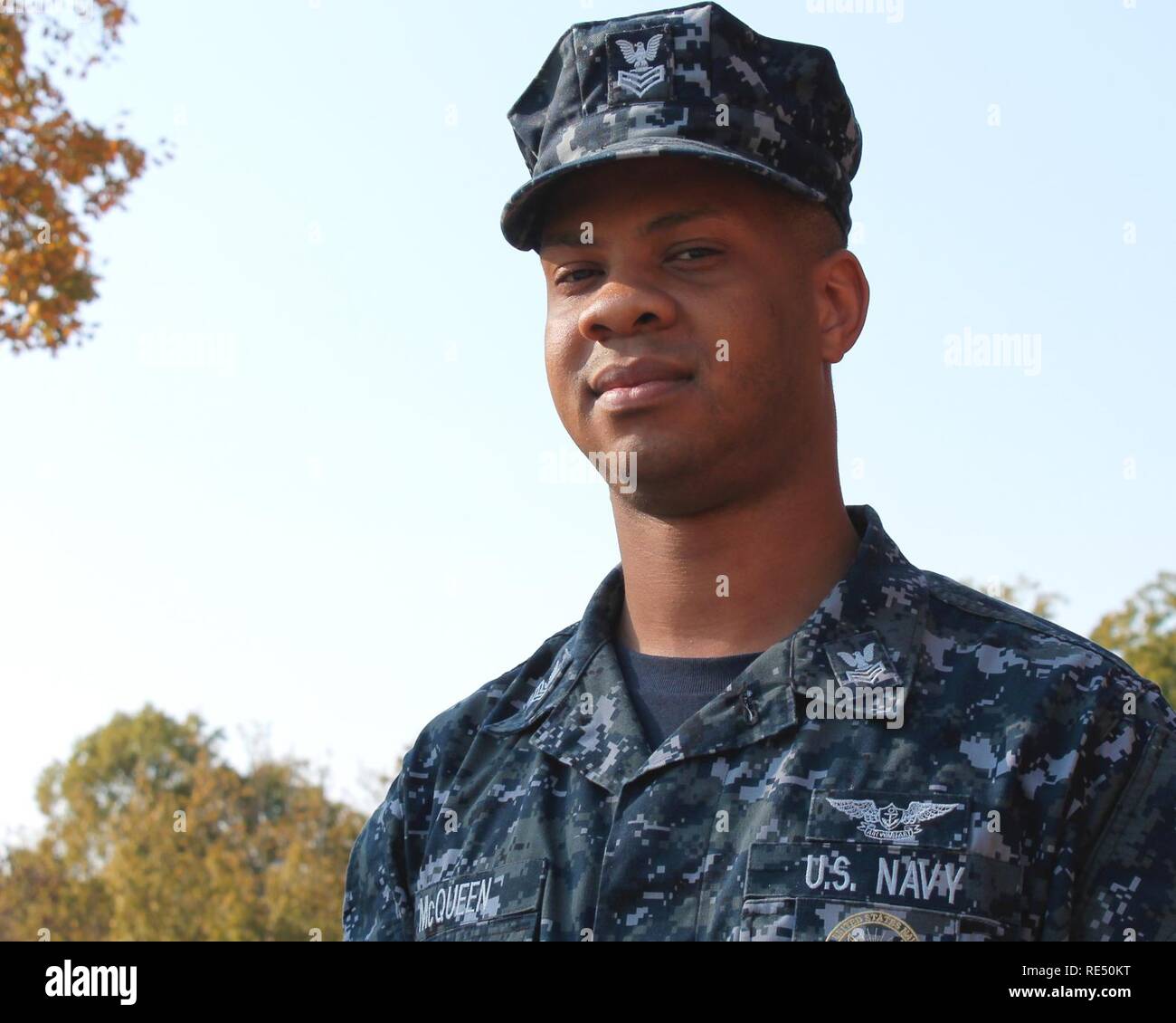 Petty Officer 1st Class Maurice McQueen, Command Career Counselor for Navy Recruiting District Raleigh, stopped to help a pedestrian in need on March 6, 2017. In 2016, the outstanding sailor received the Sailor of the Year Award for Navy Recruiting Command-Region East. Stock Photo