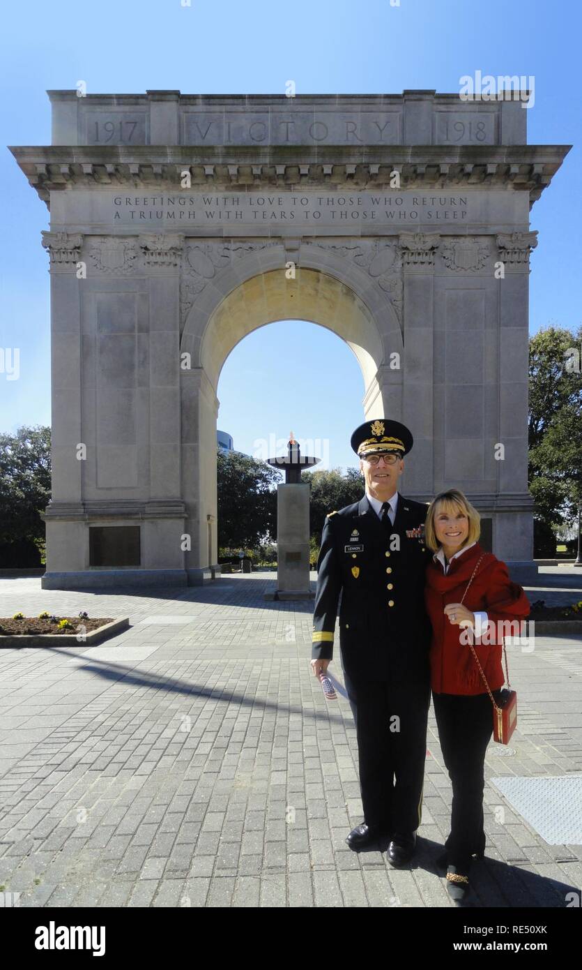 Maj. Gen. Peter S. Lennon, and his wife, Elaine, in front of the World War I Victory Arch, Newport News, Va. Lennon retired in March after serving 40 years in the Army. Lennon’s last assignment was the U.S. Army Reserve Command deputy commanding general for support. He had a storied career as an Army logistician. During his retirement ceremony, Mrs. Lennon was recognized as the first recipient of the prestigious Dr. Mary Walker award for service to miltiary Families. Stock Photo