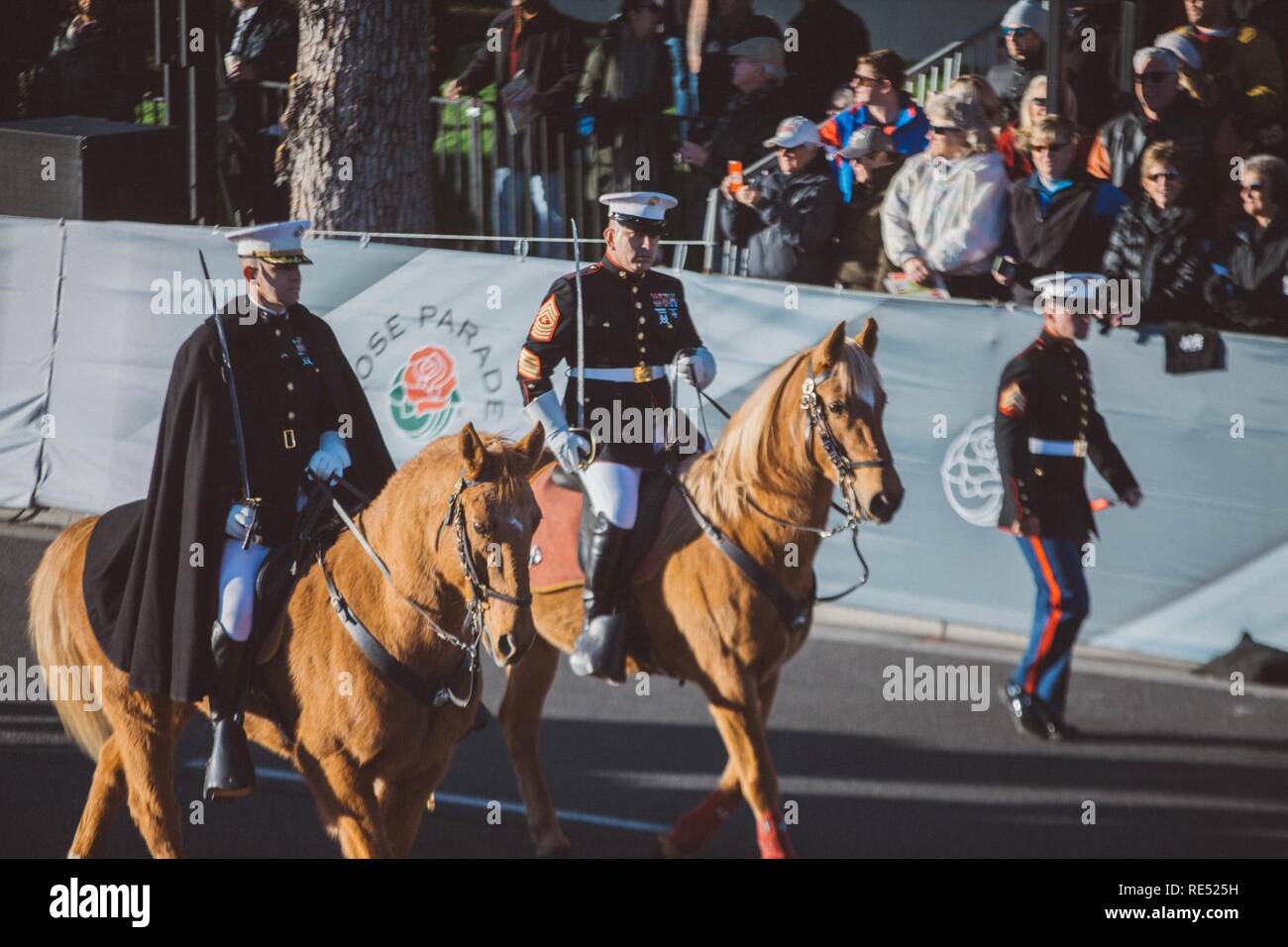 The Marine Corps Mounted Color Guard participates in the 130th annual Rose Bowl Parade with the United States Marine Corps West Coast Composite Band  in Pasadena, CA. on Jan. 1, 2019.  The mounted color guard is the only equestrian color guard in the Marine Corps and is stationed at Marine Corps Logistics Base, Barstow, California. Stock Photo