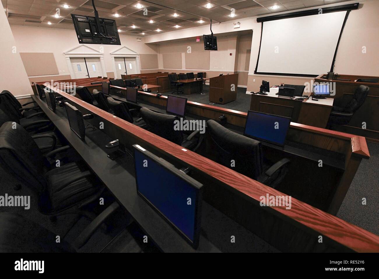 The view from the jury box in the courtroom at   Fort Meade, Md. Jan. 4, 2019. Fort Meade has hosted several high-profile cases including the Bradley Manning conviction. Stock Photo