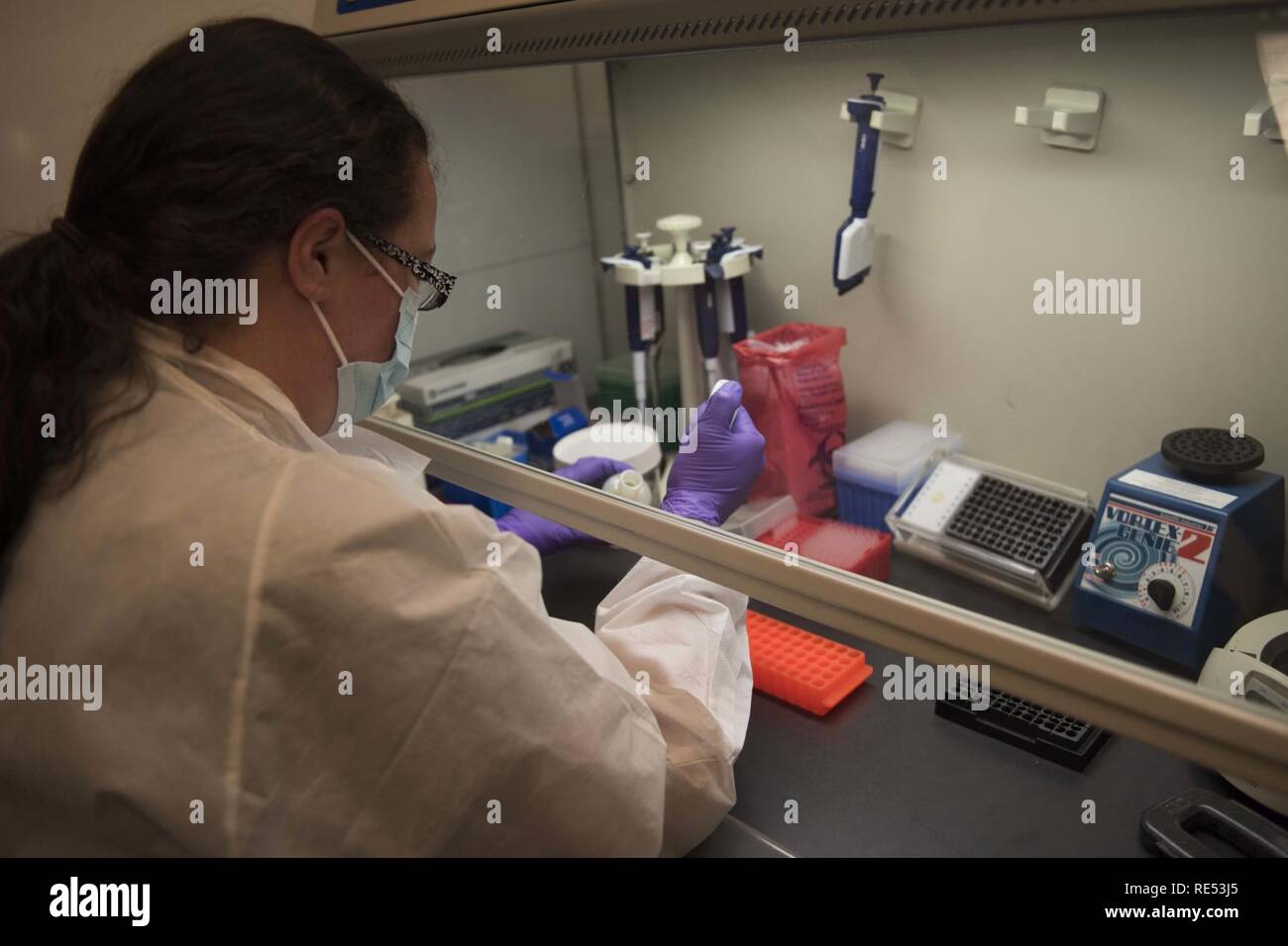 Erin Cook, Defense Forensic Science Center DNA analyst, pipettes DNA ...