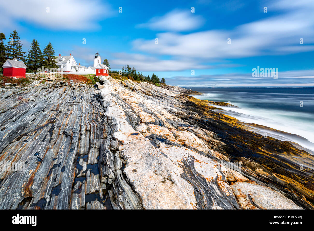 Pemaquid Point Light. The Pemaquid Point Light is a historic US lighthouse located in Bristol, Lincoln County, Maine, at the tip of the Pemaquid Neck. Stock Photo