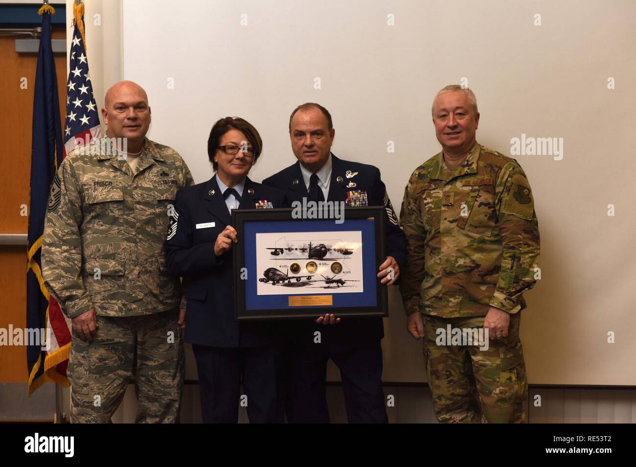 Retired Command Chief Master Sgt. Randy E. Miller celebrates the accomplishments of his career at 171st Air Refueling Wing with family and friends Jan. 6, 2019. In attendance to celebrate with Miller was Col. Mark A. Goodwill, Commander of the 171st Air Refueling Wing, Maj. Gen. Anthony J. Carrelli, The Adjutant General of Pennsylvania and Brig. Gen. Michael J. Regan, Deputy Adjutant General - Air. Replacing Miller as Command Chief is Chief Master Sgt. Judith McGrath. Stock Photo