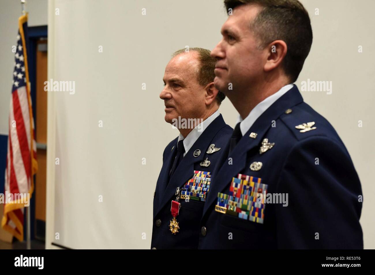 Retired Command Chief Master Sgt. Randy E. Miller celebrates the accomplishments of his career at 171st Air Refueling Wing with family and friends Jan. 6, 2019. In attendance to celebrate with Miller was Col. Mark A. Goodwill, Commander of the 171st Air Refueling Wing, Maj. Gen. Anthony J. Carrelli, The Adjutant General of Pennsylvania and Brig. Gen. Michael J. Regan, Deputy Adjutant General - Air. Replacing Miller as Command Chief is Chief Master Sgt. Judith McGrath. Stock Photo