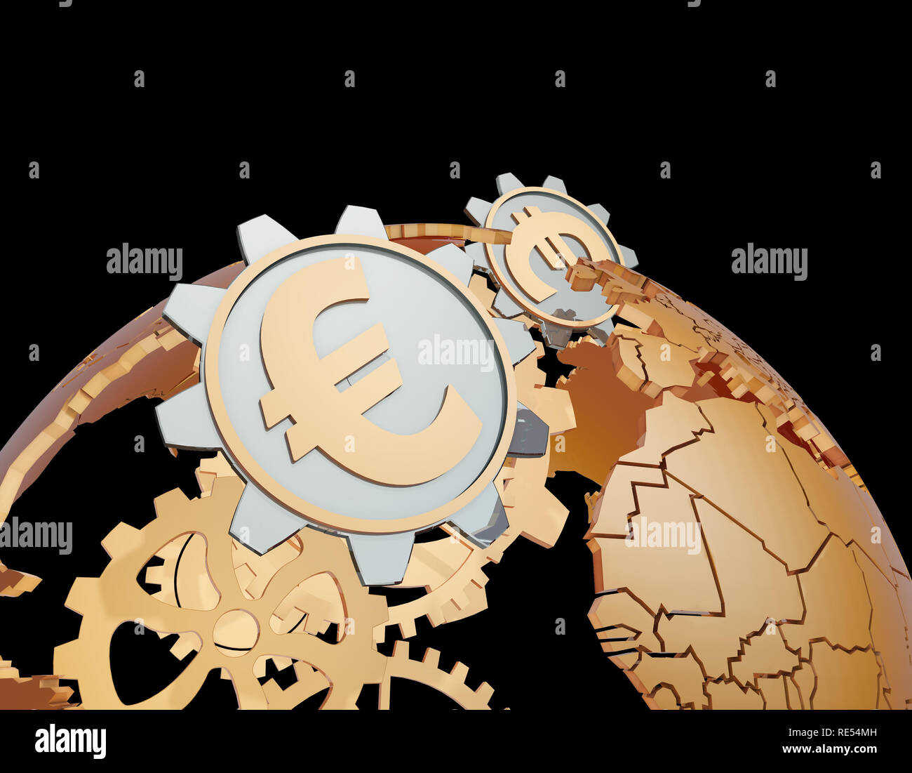 Technology Earth and Gears, Global Financial Wealth, Currency Symbols,euro Stock Photo