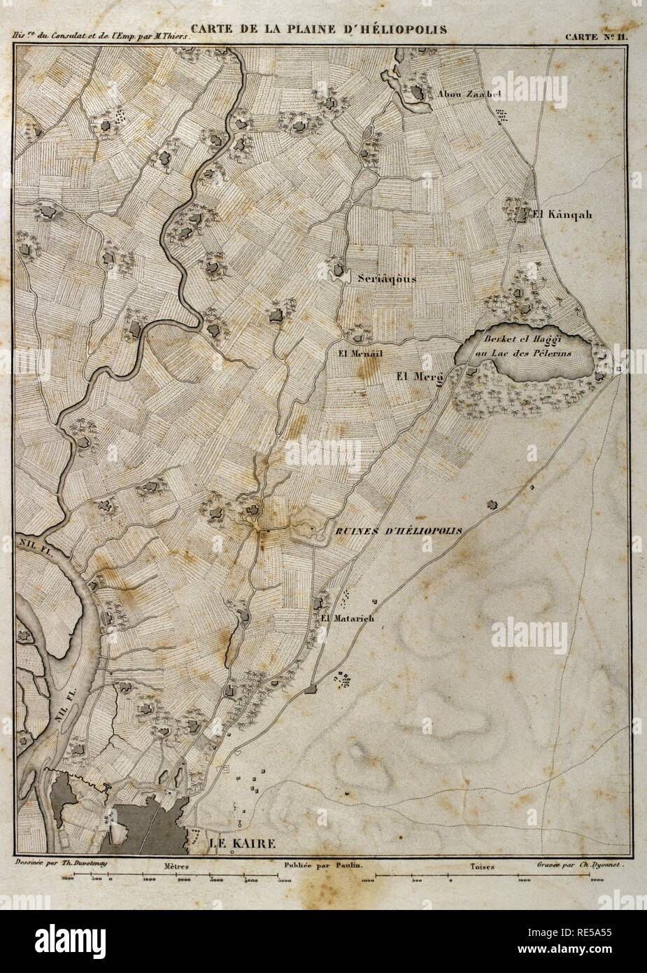 Map of Heliopolis (Egypt). On March 20, 1800, the Batlle of Heliopolis took place, with French victory, between France and the Ottoman Empire. Napoleonic campaign in Egypt. Atlas de l'Histoire du Consulat et de l'Empire. History of the Consulate and the Empire of France under Napoleon by Marie Joseph Louis Adolphe Thiers (1797-1877). Drawings by Dufour, engravings by Dyonnet. Edited in Paris, 1864. Stock Photo