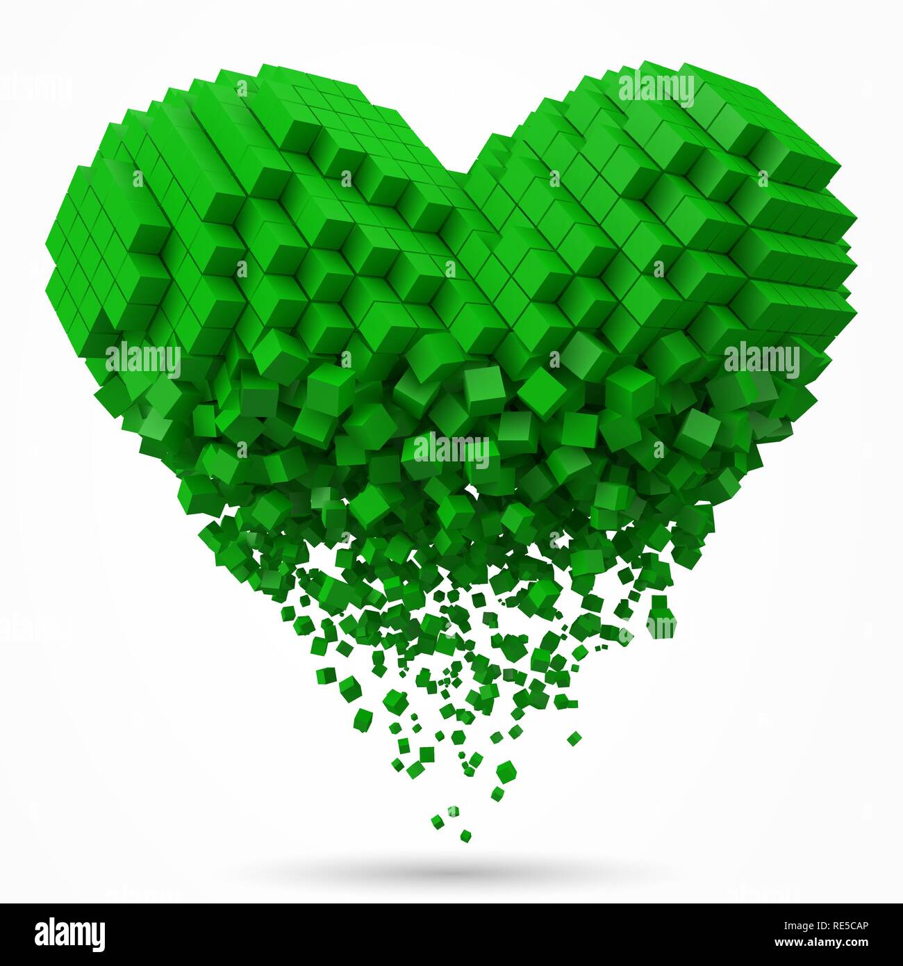 heart shaped, dissolving data block. made with green cubes. 3d pixel style vector illustration. Stock Vector