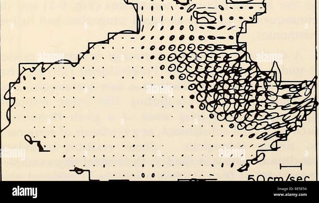 . The Eastern Bering Sea Shelf : oceanography and resources / edited by Donald W. Hood and John A. Calder. Oceanography Bering Sea.. :^2^ 50 cm/sec Figure 8-2. Charts of (a) coamplitude (cm), (b) cophase (Greenwich lag in degrees), and (c) tidal current ellipses (cm/sec; radial line within each ellipse represents the tidal velocity at Greenwich transit) from the vertically integrated model by Siinderman (1977) of the M, tide in the Bering Sea. For the finite-difference model: the grid size is 75 km; the time step is 223.5 sec; the bottom drag coefficient is 0.003; and the lateral viscosity is  Stock Photo