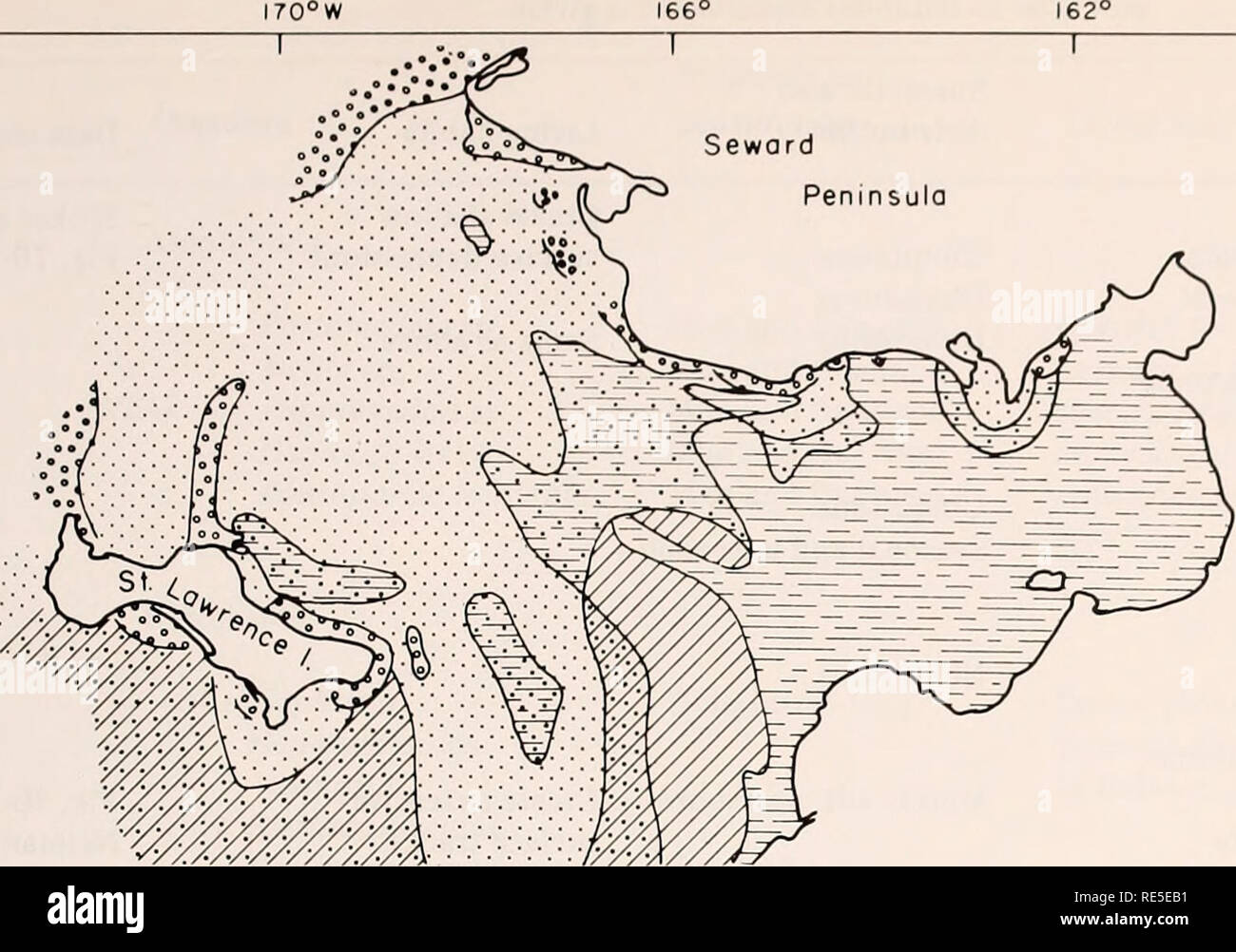 . The Eastern Bering Sea Shelf : oceanography and resources / edited by Donald W. Hood and John A. Calder. Oceanography Bering Sea.. Physical and biological sedimentary structures 1269 I70Â°W. 158Â° ALASKA 64Â°N   64Â°N SEDIMENT TYPE Modern =1^ Yukon silt (&gt;507o) 0 50 100 I 1 1 Kilometers l^-^^ Yukon very fine sand (&gt;50%) Palimpsest - Relict sand with- 20-50% modern silt Relict vvj 20-50% modern very fine sand I.'â .'â .'â .'I Holocene tronsgressive fine sand (&gt;80%) f'.';*/'.^ Glaciol or bedrock-denved grovel (&gt;50%) Figure 70-4. Surface sediment distribution in northern Bering Se Stock Photo