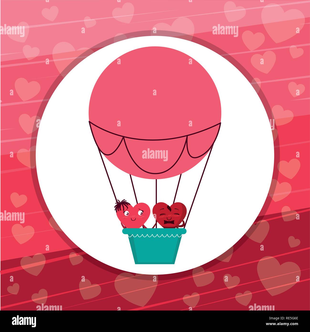 hearts couple flying in balloon air hot vector illustration design ...