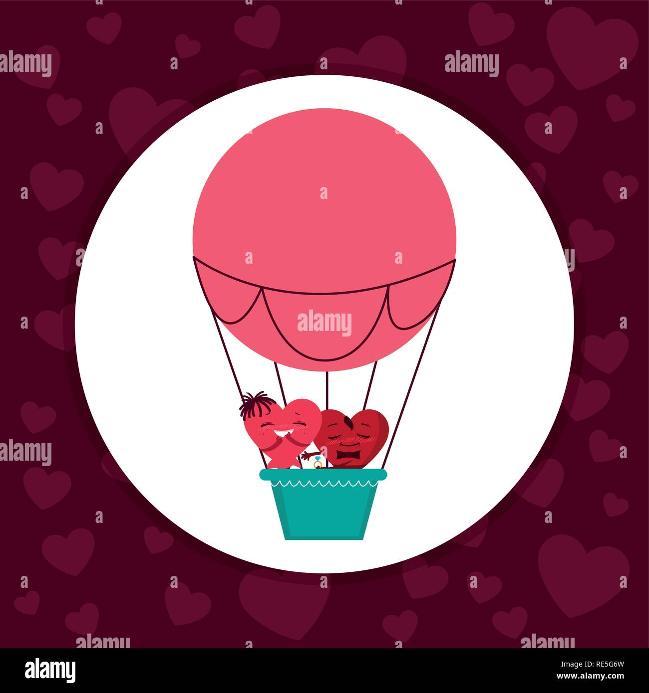 hearts couple flying in balloon air hot vector illustration design ...