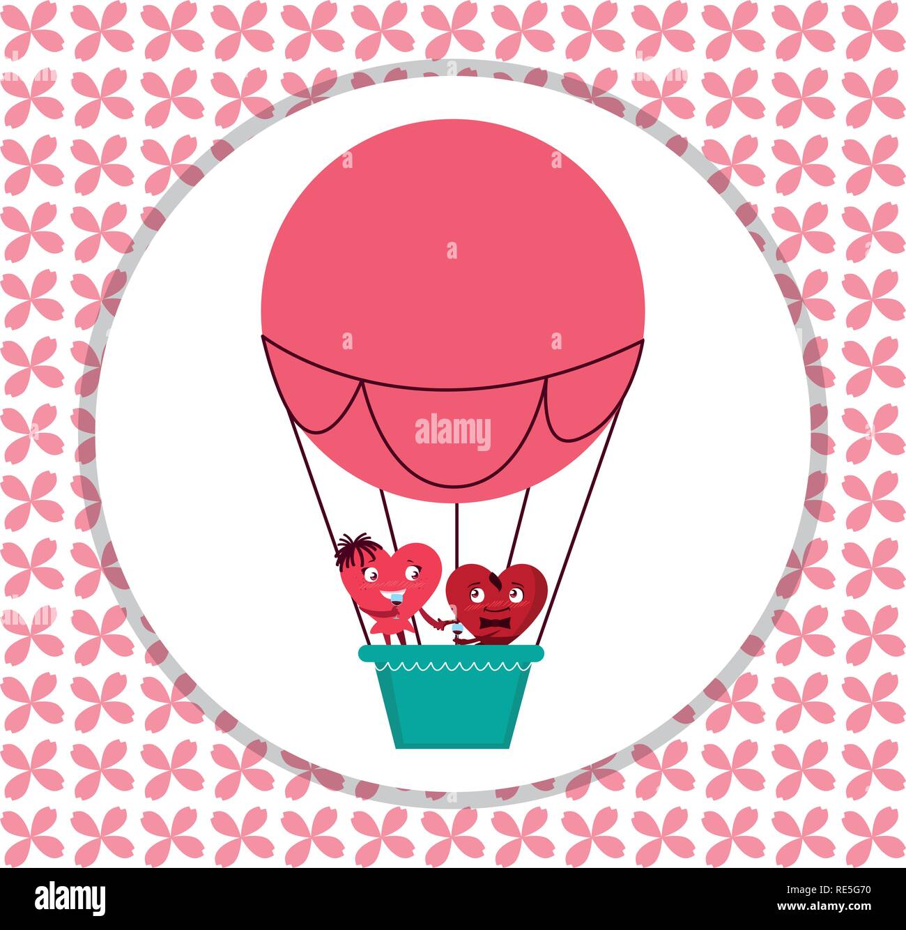 hearts couple flying in balloon air hot vector illustration design ...