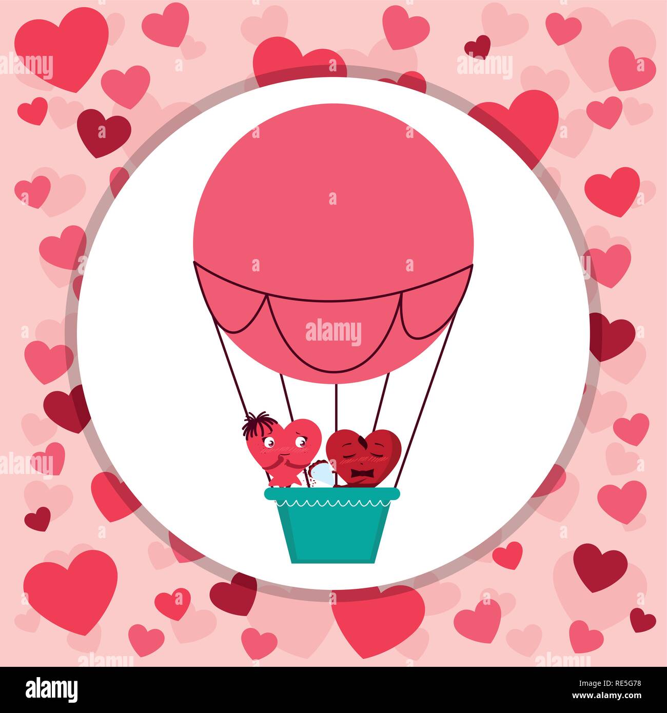 hearts couple flying in balloon air hot vector illustration design ...